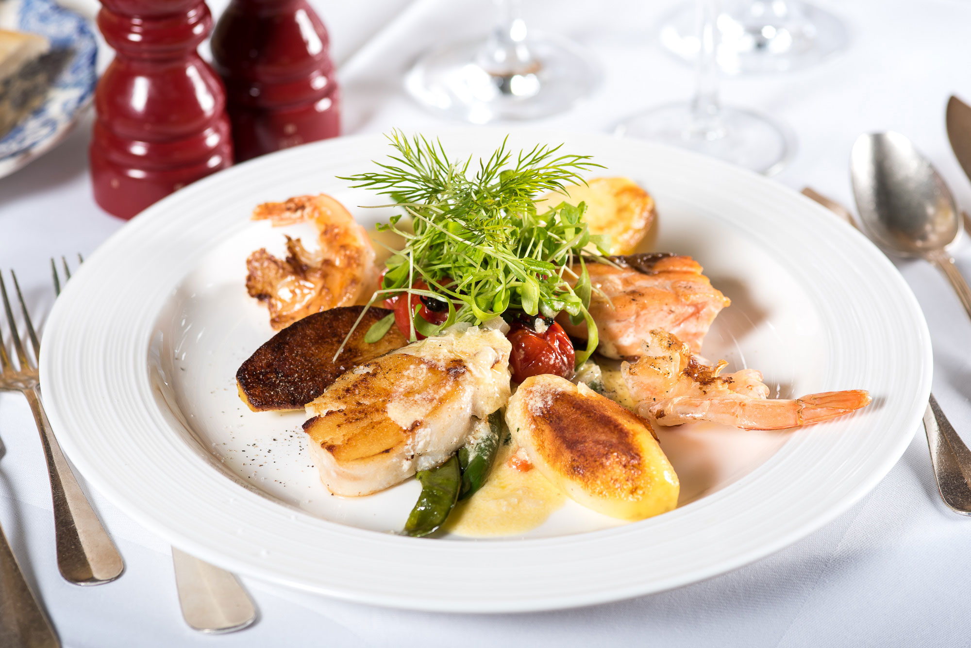 Plat de poisson et crevettes du Restaurant Bonhomme